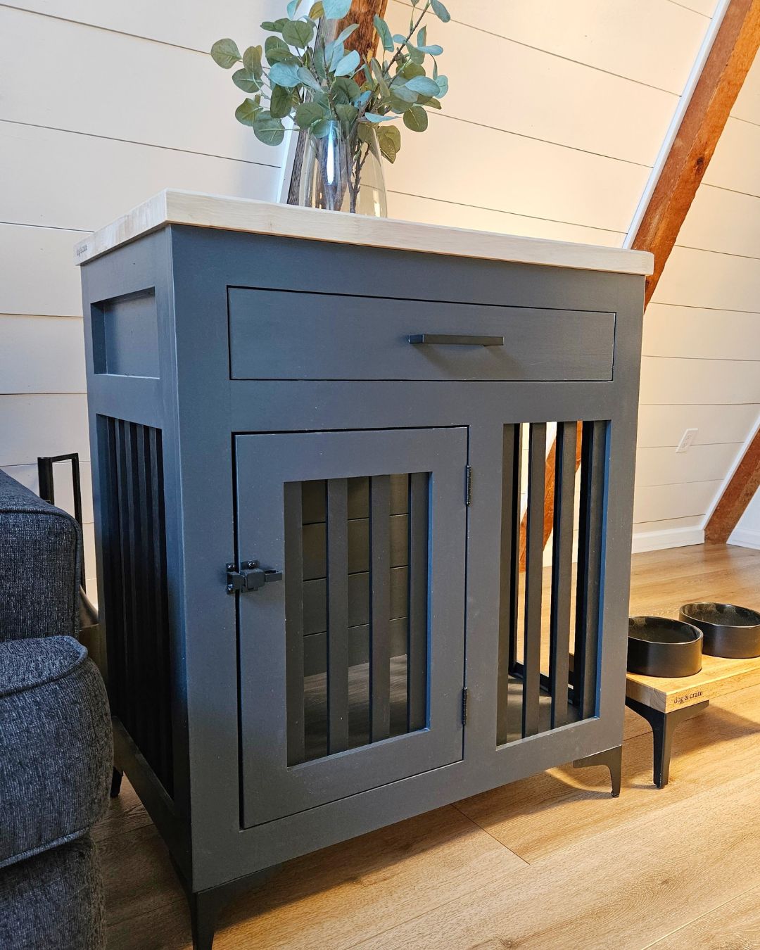 large handcrafted dog crate with drawer for storage