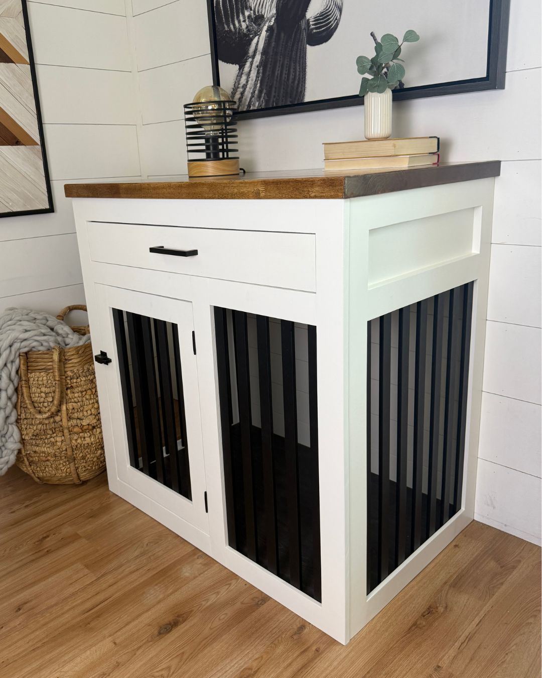 white large dog crate with drawer